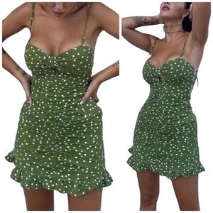 Zara Linen Blend Polka Dot Ruched Flounced Trim Mini Dress Influencer Fav